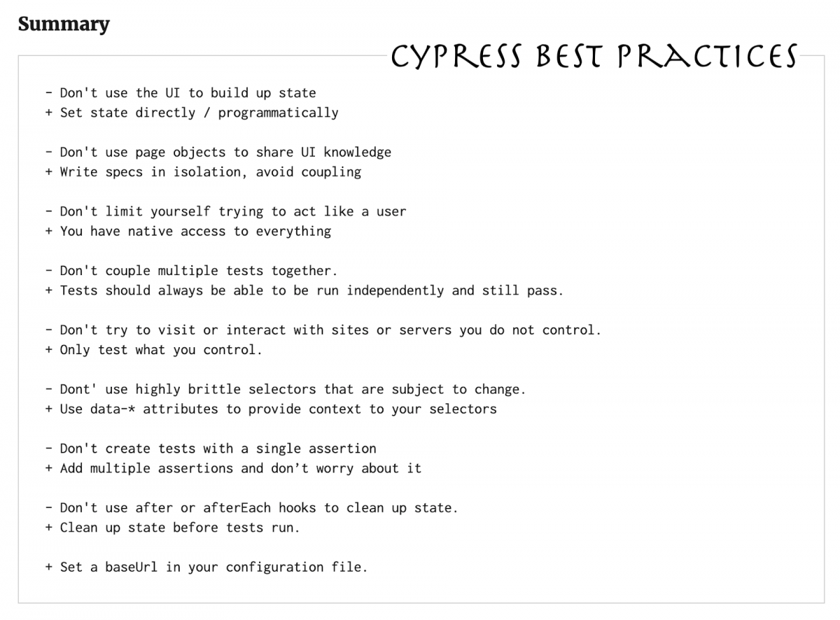 Notes of Best Practices for writing Cypress tests